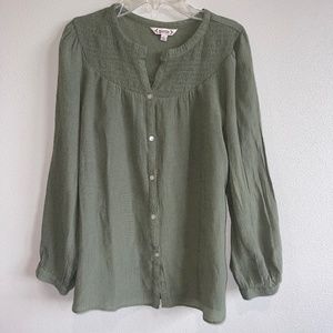 Nanette Lepore Prairie Green Long Sleeve Smocked Button Down Blouse Top Small